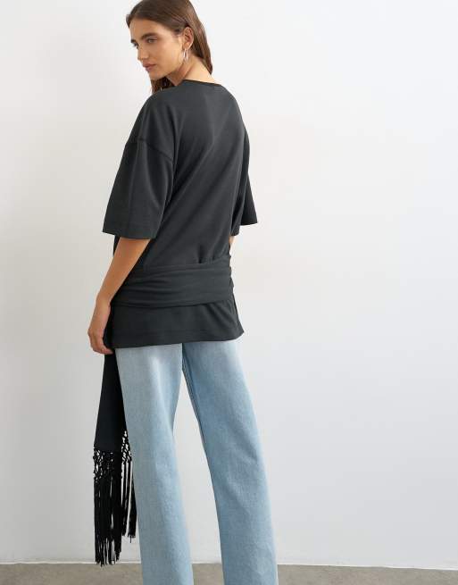 Topshop t-shirt premium à franges avec lien à nouer noir, 4 de 4