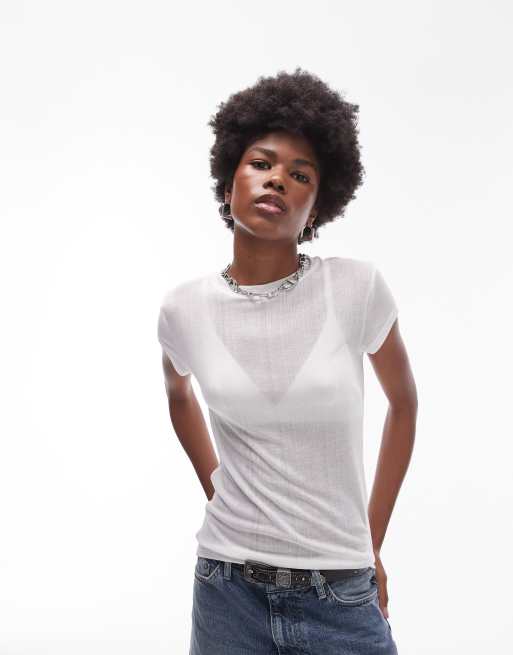 Topshop - T-shirt premium taglio lungo bianca trasparente a coste