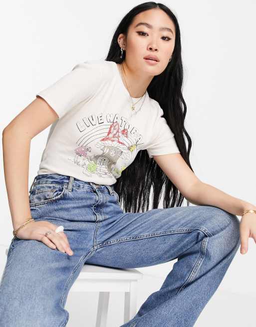Topshop - T-shirt raccourci avec motif champignon - Écru