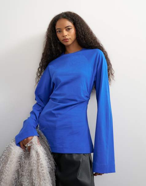 Topshop t-shirt raglan à manches longues cintré à la taille en cobalt - view 1