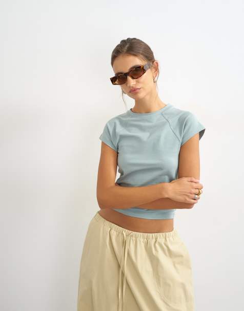 Topshop t-shirt raglan uni bleu grisé - view 1