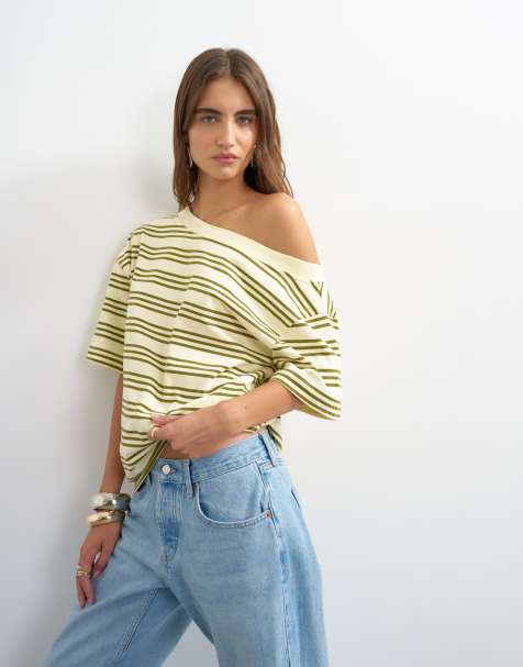 Topshop - T-shirt rayé à épaules tombantes - Jaune - view 1