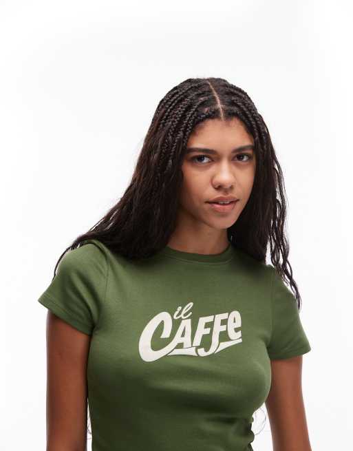 Topshop - T-shirt ristretta verde con stampa "Il Caffe" in rilievo, 3 di 4