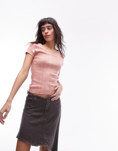 Topshop - T-shirt rosa lavaggio acido con scollo a V - view 1