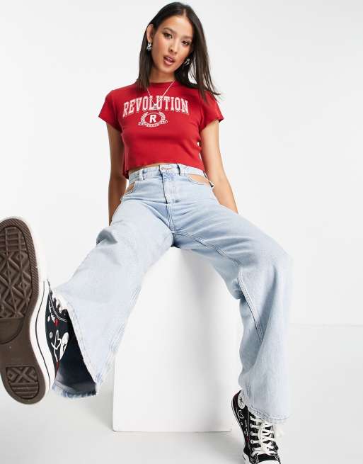 Topshop - T-shirt rossa stile college con scritta "Revolution", 3 di 4