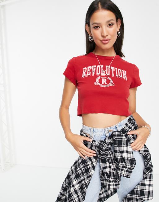 Topshop - T-shirt rossa stile college con scritta "Revolution", 4 di 4