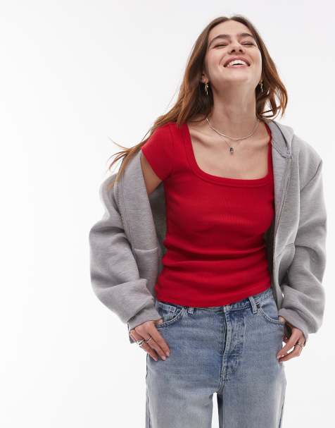 Topshop - T-shirt rosso ciliegia a coste con scollo squadrato e maniche ad aletta - view 1