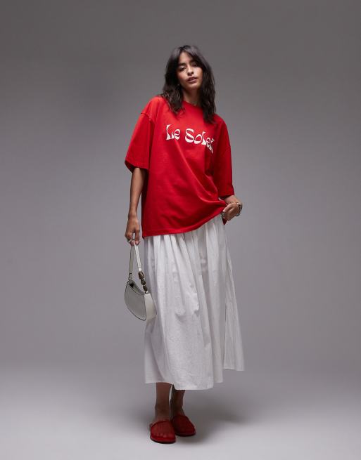 Topshop - T-shirt rosso scuro con grafica oversize "Le Soleil", 3 di 4