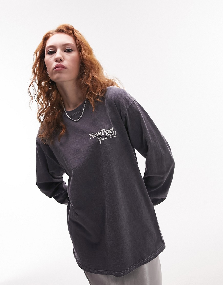 T-shirt skater a maniche lunghe color ardesia con stampaNew Port-Grigio - Topshop T-shirt donna  - immagine1