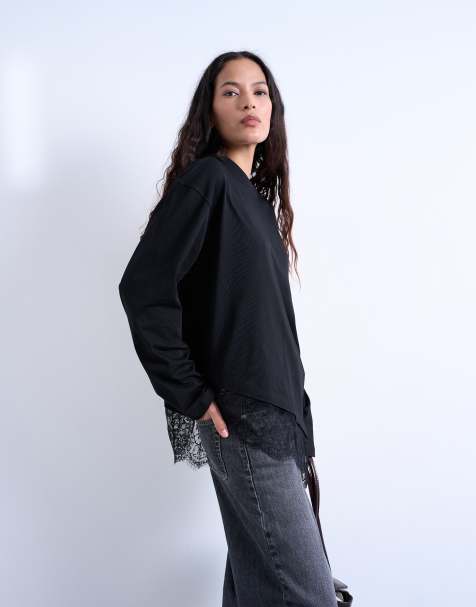 Topshop - T-shirt skater oversize nera con finiture in pizzo - view 1