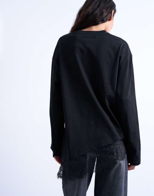 Topshop - T-shirt skater oversize nera con finiture in pizzo, 4 di 4