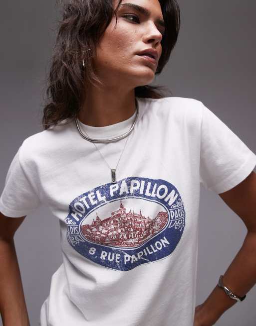 Topshop - T-shirt squadrata bianca con grafica "Hotel Papillon" , 3 di 4