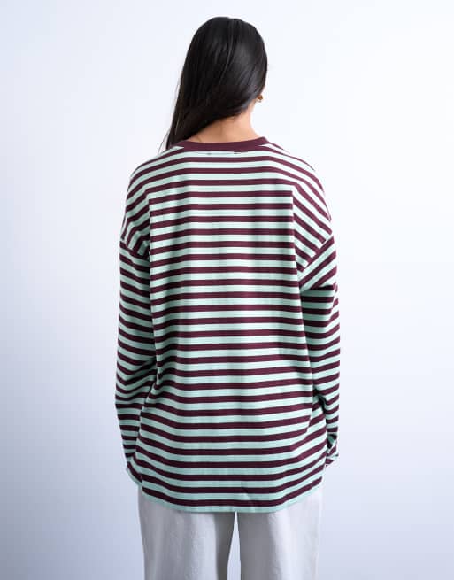 Topshop - T-shirt stile skater extra larga a maniche lunghe color menta e bordeaux a righe, 4 di 4