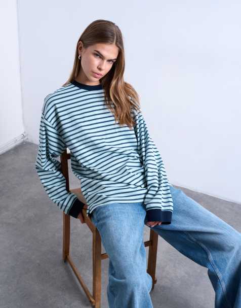 Topshop - T-shirt stile skater extra larga blu a righe a maniche lunghe - view 1