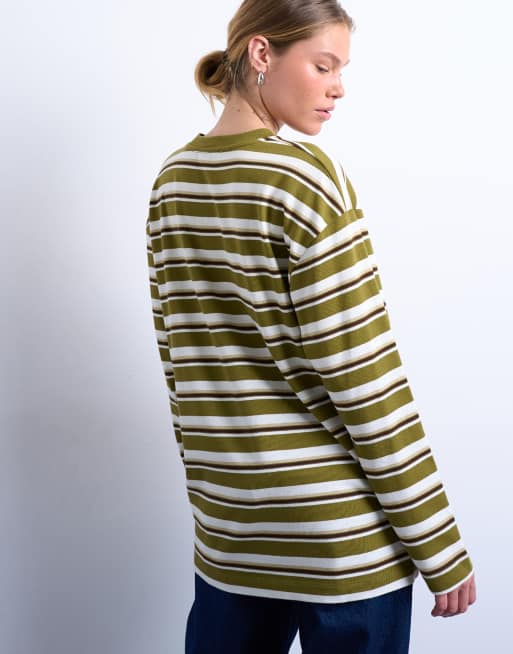 Topshop - T-shirt stile skater extra larga kaki a righe a maniche lunghe , 4 di 4