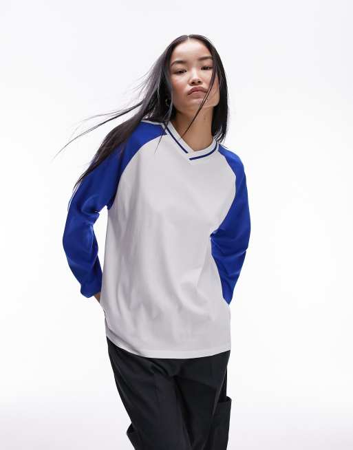 Topshop - T-shirt style skate effet color block à manches longues - Bleu de cobalt