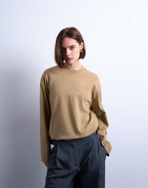 Topshop - T-shirt style skateur à manches longues en maille interlock de qualité supérieure - Kaki pâle - view 1