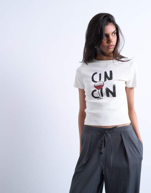 Topshop - T-shirt taglio corto e stretto bianca con grafica 
