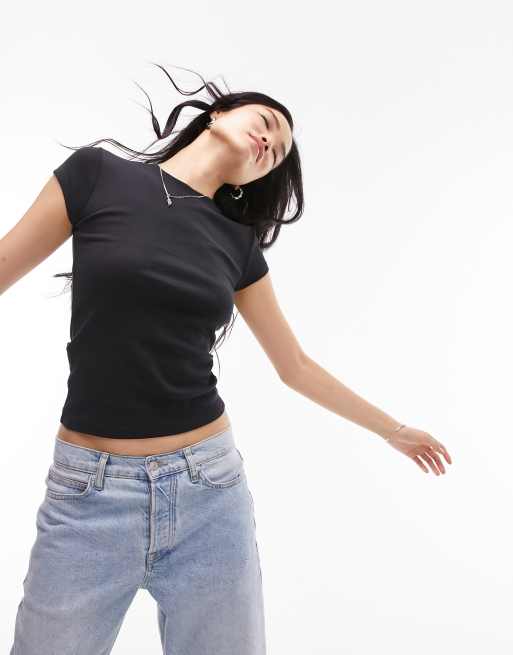 Topshop - T-shirt taglio lungo nera 