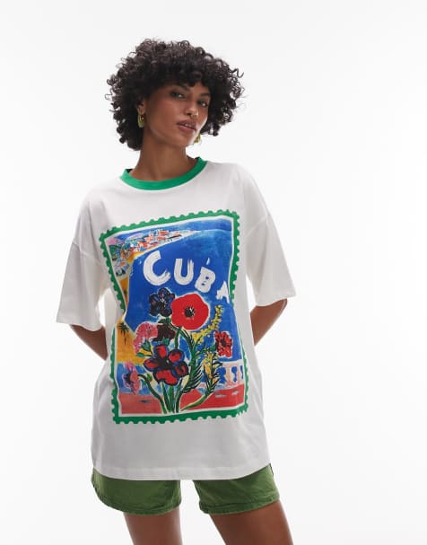 Topshop - T-shirt van jersey met Cuba-print en contrasterende biezen in wit - view 1