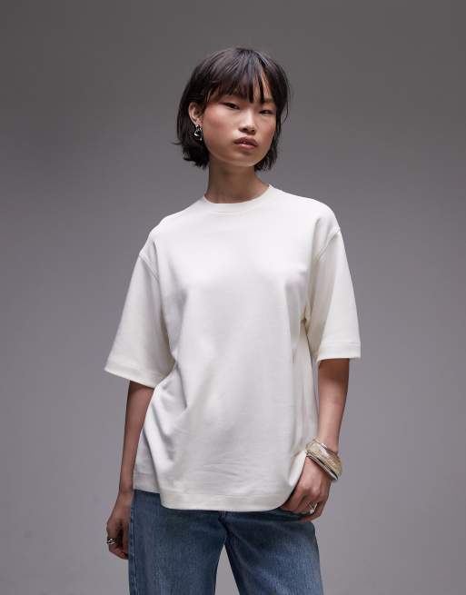 Topshop - T-shirt van premium zware stof met interlock-naden in ecru