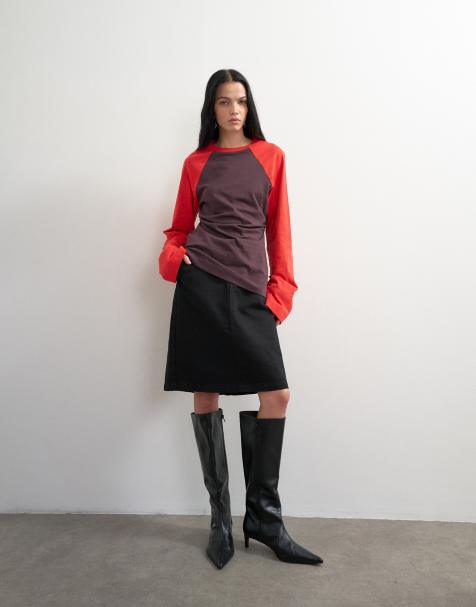Topshop t-shirt z długim rękawem raglanowym, blok kolorów, taliowany w talii, czerwono-brązowy - view 1