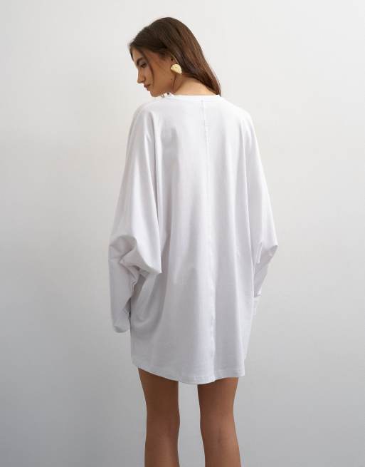 Topshop t-shirtklänning i jersey med bomullsblandning och uppvikta ärmar i vitt, 3 av 4