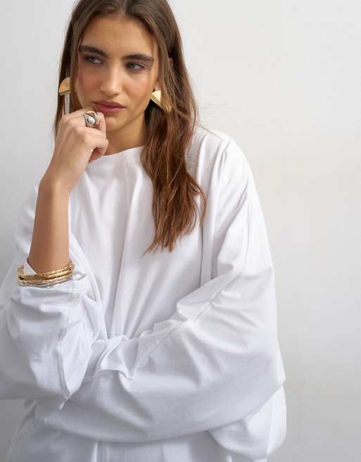 Topshop t-shirtklänning i jersey med bomullsblandning och uppvikta ärmar i vitt, 4 av 4