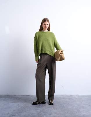 Topshop Tab Detail Slouchy Wide Leg Pants In Green