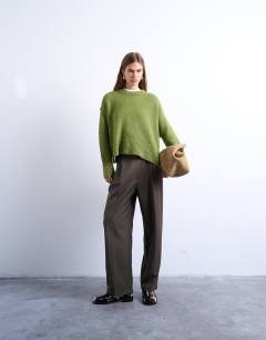 Tab detail slouchy wide leg trouser in olive