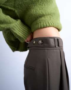 Model wearing Tab detail slouchy wide leg trouser in olive