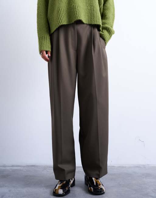 Topshop tab detail slouchy wide leg trouser in olive, 3 of 5