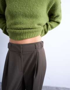 Model wearing Tab detail slouchy wide leg trouser in olive