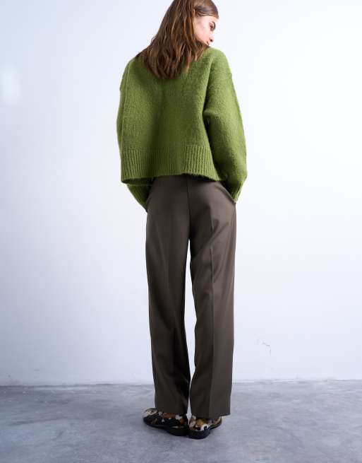 Topshop tab detail slouchy wide leg trouser in olive, 5 of 5