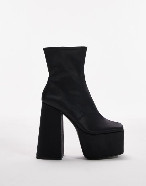 Topshop Tabby satin high platform boots in black, 2 of 4