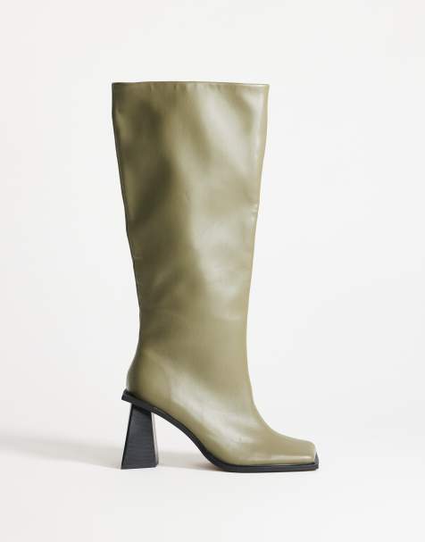 Topshop Tabitha botas hasta la rodilla con tacón y vira extendida en verde - view 1