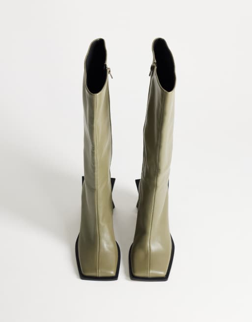 Topshop Tabitha botas hasta la rodilla con tacón y vira extendida en verde, 3 de 4