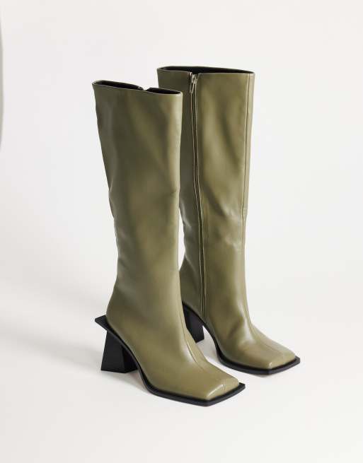 Topshop Tabitha extended rand knee high heeled boot in green, 2 of 4