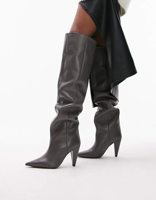 Topshop – Tabitha – Premium – Grå knähöga boots i läder med konklack