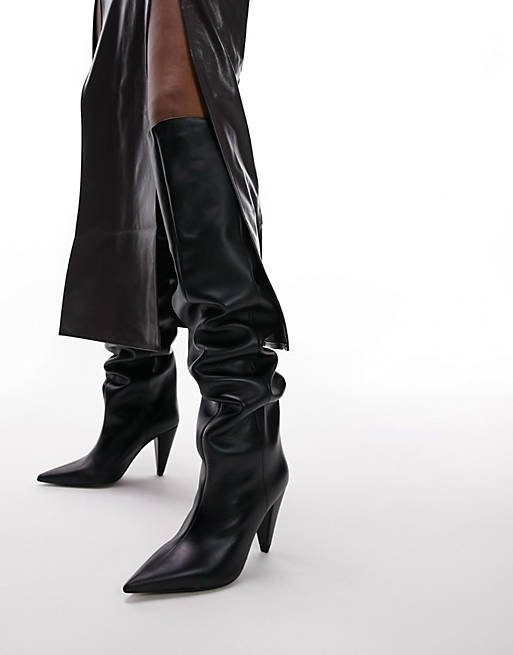 Topshop Tabitha premium leather cone heel knee high boot in black | ASOS