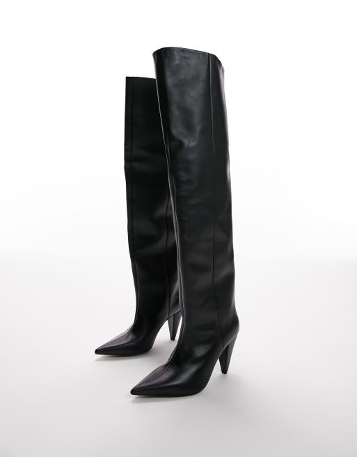 Topshop – Tabitha – Premium – Svarta knähöga boots i läder med konformad klack, 2 av 4