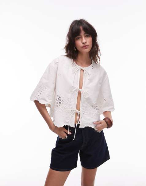 Topshop tablecloth cutwork tie front bed jacket in ivory - view 1