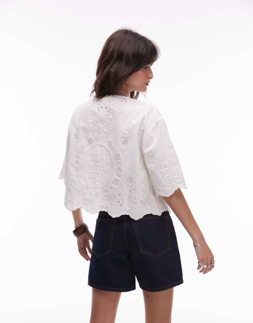 Topshop tablecloth cutwork tie front bed jacket in ivory, 3 of 4