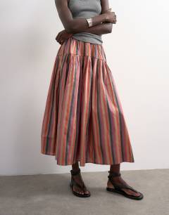 Model wearing Taffeta full hem maxi skirt in multi stripe