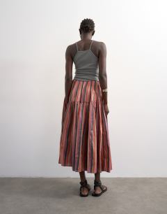Model wearing Taffeta full hem maxi skirt in multi stripe