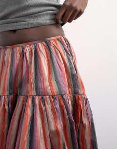 Model wearing Taffeta full hem maxi skirt in multi stripe