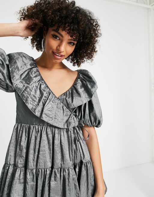 Topshop taffeta mini dress in silver ASOS