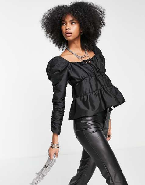 Topshop taffetta ruched tiered top in black - view 1
