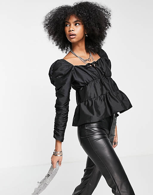 Topshop taffetta ruched tiered top in black, 1 of 4