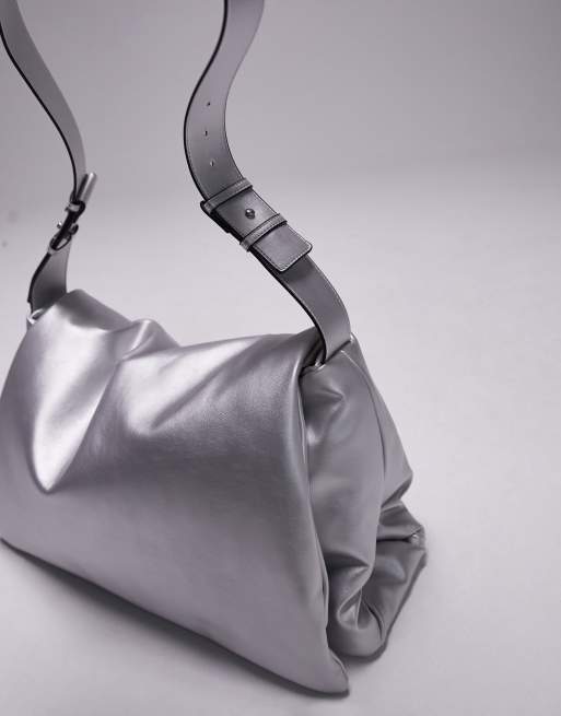 Topshop Taffy puffy long strap tote bag in silver